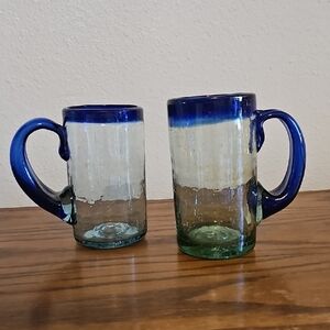 Handblown, Made In Mexico Cobalt Blue Rim Glasses With Handles